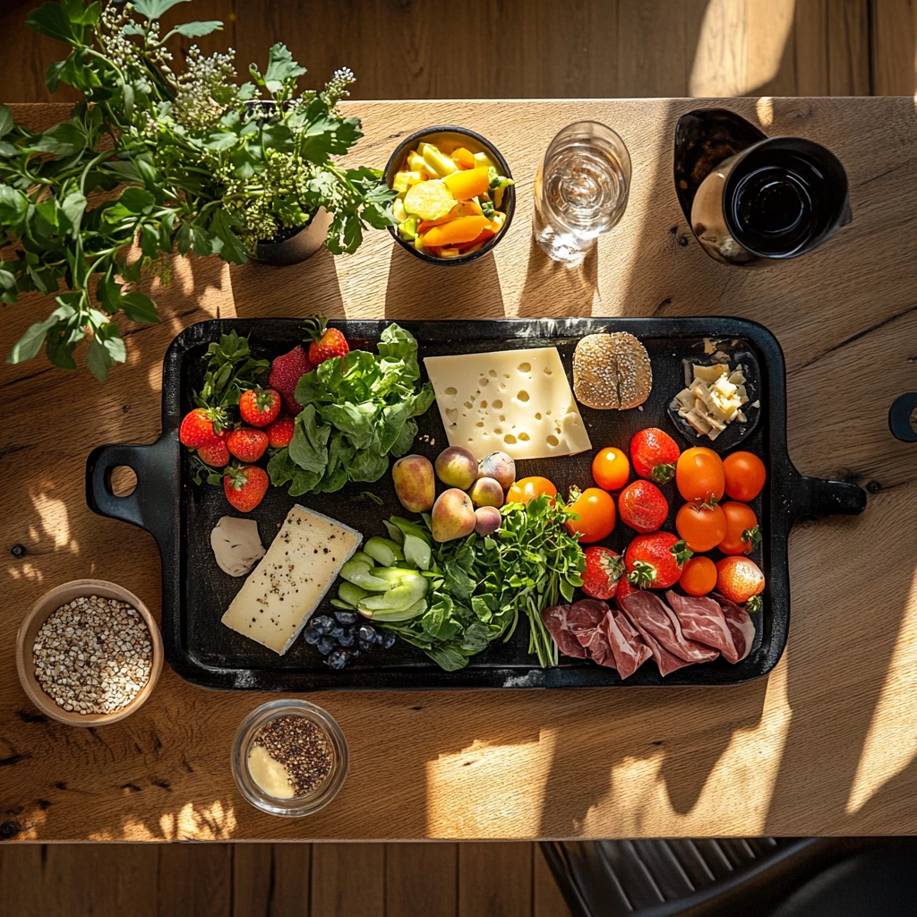 Große Servierplatte mit Käse, Aufschnitt, frischem Gemüse wie Tomaten, Gurken, Spinat, Kräutern, Feigen, Erdbeeren und Heidelbeeren sowie einem Brötchen. Daneben kleine Schälchen mit weiteren Zutaten