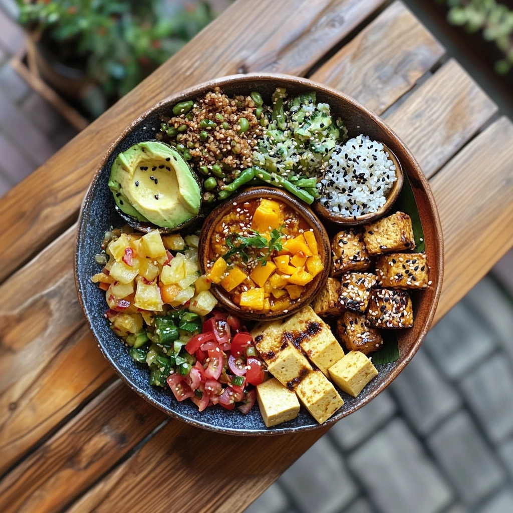 Bunte Bowl mit verschiedenen Zutaten: gebratener Tofu mit Sesam, gegrillter Tofu, Reis mit Sesam, Quinoa-Gemüse-Mischung, Avocadohälfte, frische Tomaten, Paprika, Ananas-Salsa und ein Schälchen Curry mit Kürbisstücken