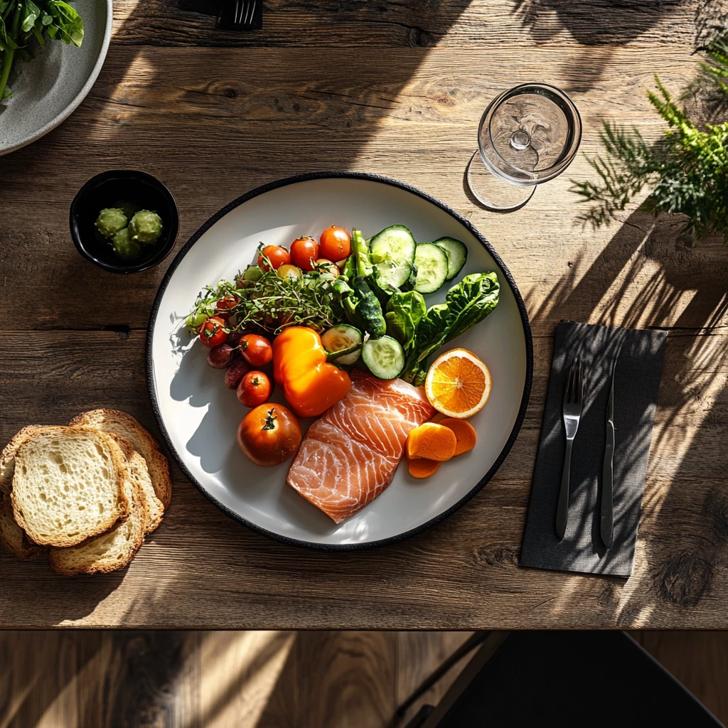 Gesunder Teller mit frischem Lachsfilet, buntem Gemüse wie Paprika, Tomaten, Gurken, Spinat, Karotten, Orangenscheibe und frischen Kräutern. Daneben Brot, ein schwarzes Schälchen mit Dip und Besteck auf Serviette