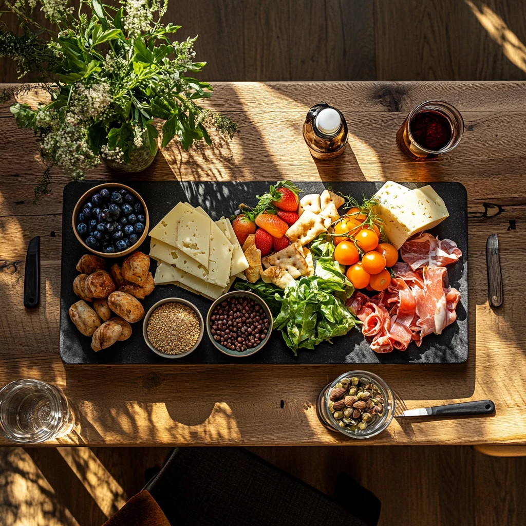 Holztisch mit einer großen Platte aus Käse, Gemüse und Schinken; darüber der Schriftzug: GYM MAGAZIN – Dein Guide für Fitness! Finde tolle Rezepte, Trainingspläne & Trends. Egal ob Anfänger oder Profi! Zum Magazin!