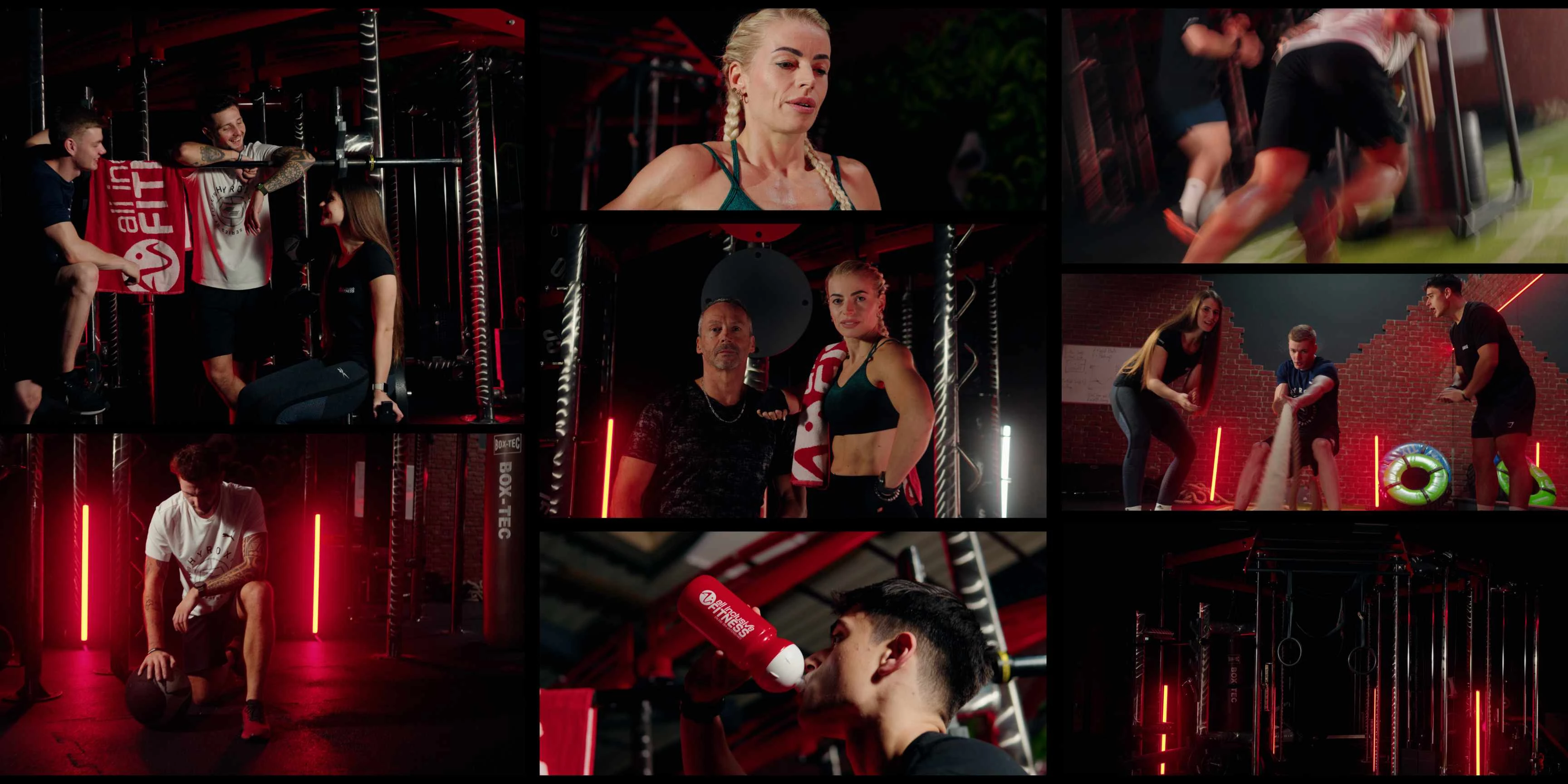 Collage aus Functional-Training-Szenen mit Kettlebells, Wall Balls, Battle Ropes und Athlet:innen im modernen Studio