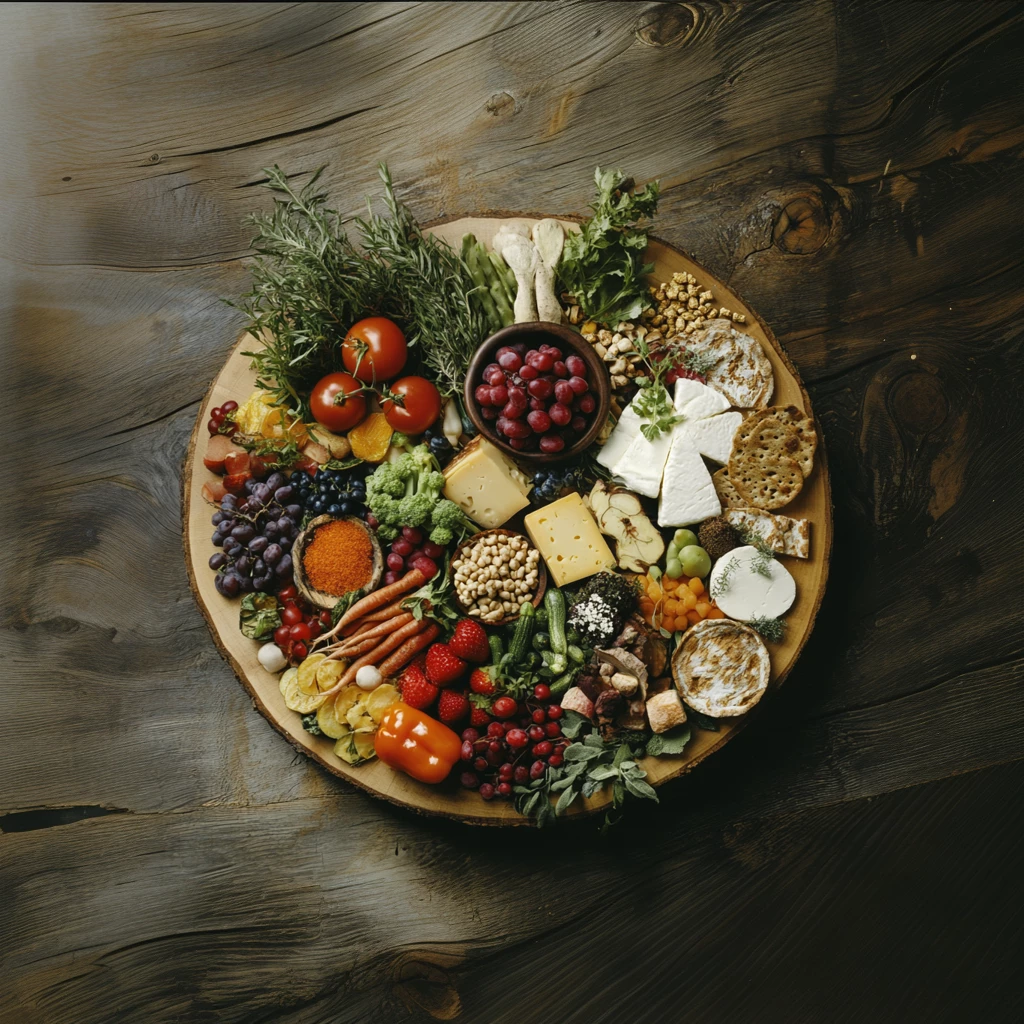 Runde Holzplatte reich belegt mit Käse, frischem Gemüse, Obst, Nüssen, Kräutern, Crackern und Brot. Sichtbar sind u. a. Trauben, Tomaten, Karotten, Erdbeeren, Paprika, Brokkoli, verschiedene Käsesorten und Kräuterzweige