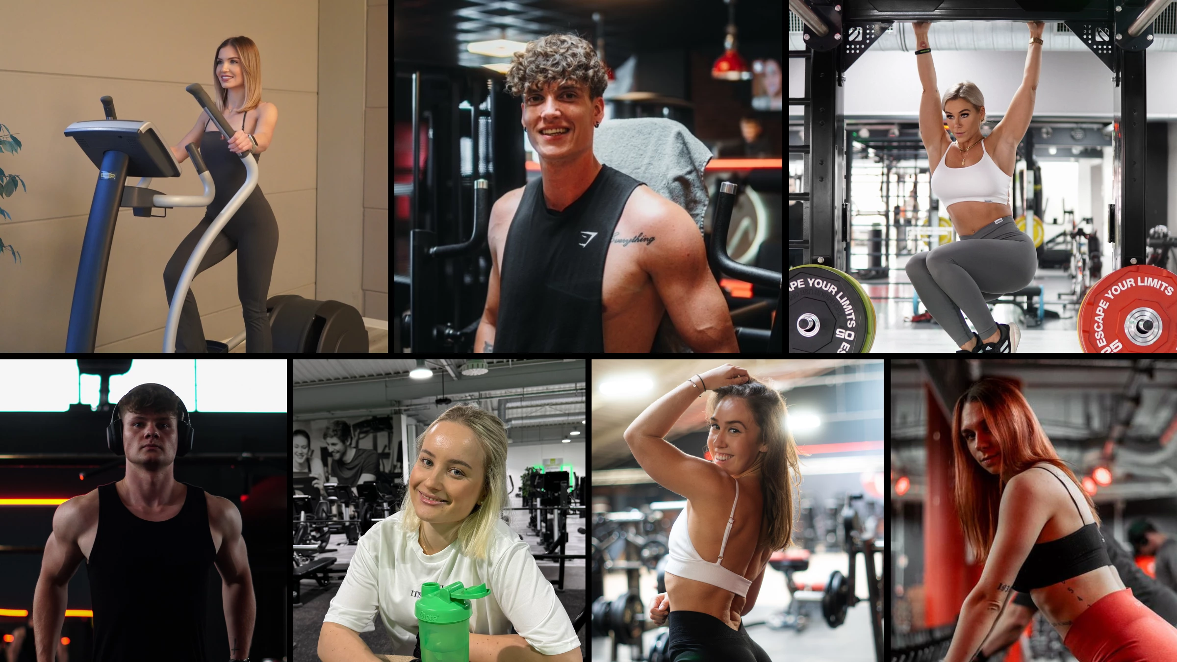 Collage von sieben Fitness-Influencern im Studio, die an Geräten trainieren, posieren oder lächeln.