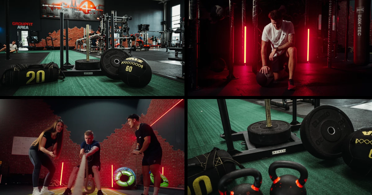 Collage aus Functional-Training-Szenen mit Kettlebells, Wall Balls, Battle Ropes und Athlet:innen im modernen Studio